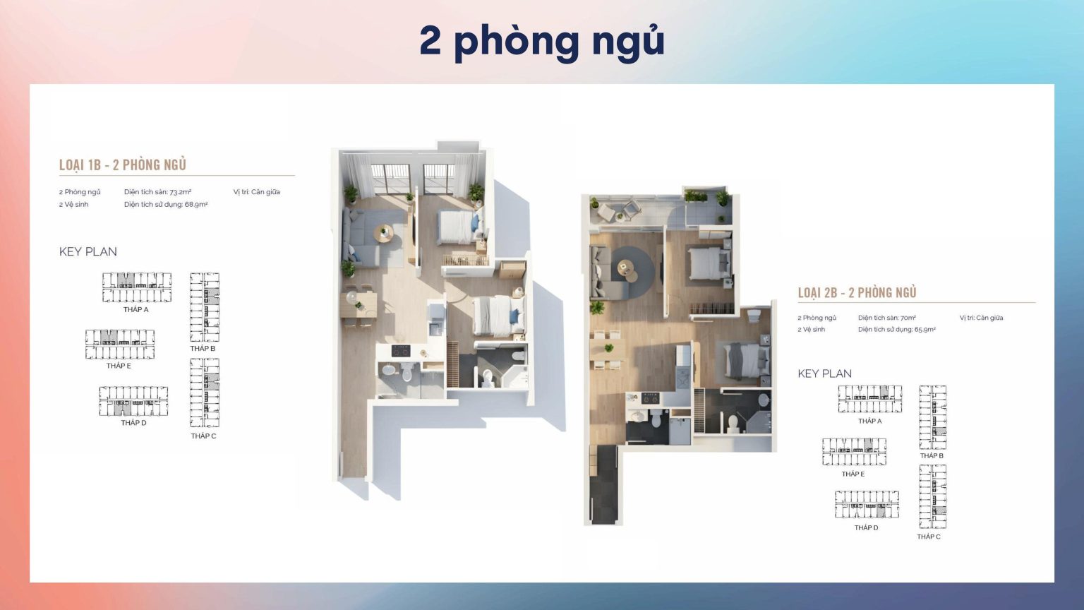 Diện tích: 70m2 – 73m2